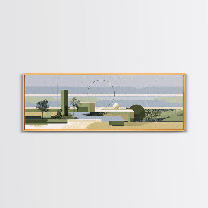 Midcentury Coastal Architecture Wall Art, Olive Green Geometric Landscape, Modern Abstract Decor, Minimalist Canvas Print
