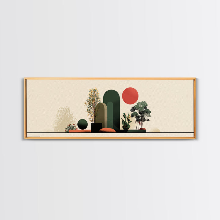 Abstract Botanical Still Life Wall Art, Red Sun And Green Arches, Midcentury Modern Decor, Boho Scandinavian Canvas Print