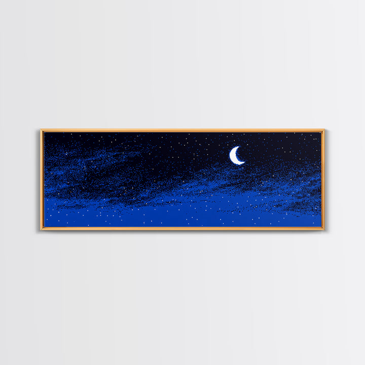 Blue Starry Crescent Moon Wall Art, Night Sky Celestial Canvas, Minimal Modern Decor, Boho Nursery Bedroom Art Print Gift