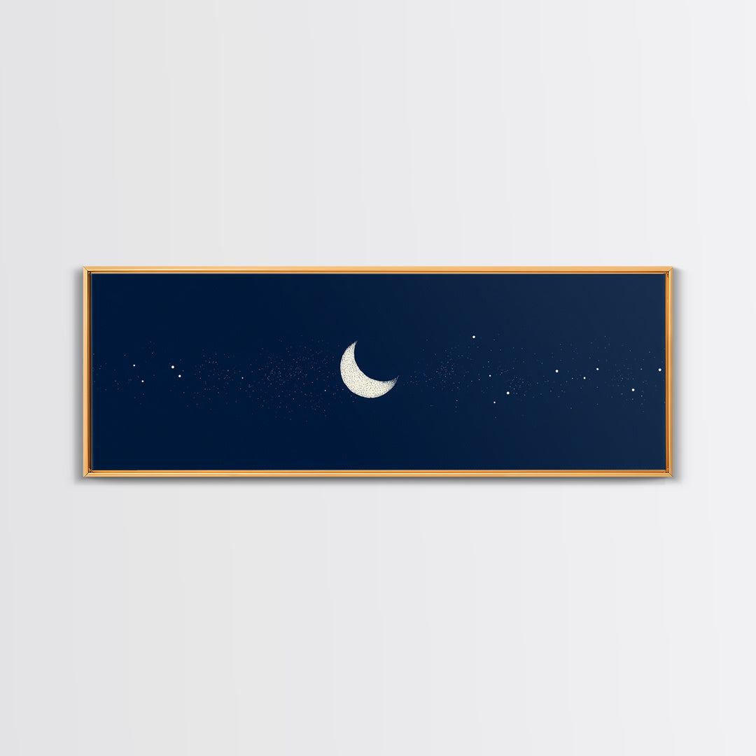 Minimal Navy Crescent Moon Wall Art, Tiny Star Night Sky Canvas, Scandinavian Modern Decor, Celestial Bedroom Art Print Gift