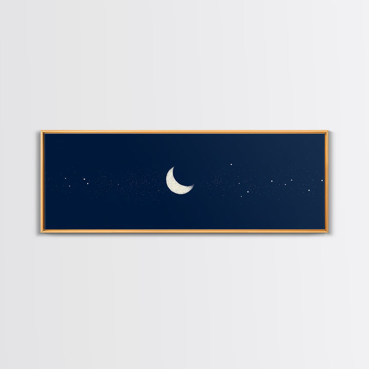 Minimal Navy Crescent Moon Wall Art, Tiny Star Night Sky Canvas, Scandinavian Modern Decor, Celestial Bedroom Art Print Gift