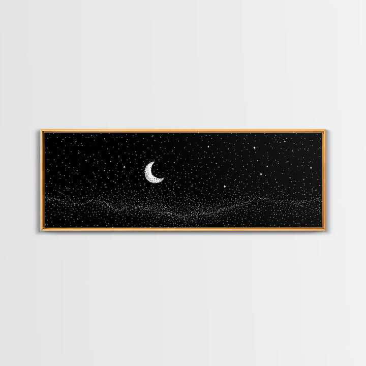 Black Starfield Crescent Moon Wall Art, White Stars Night Sky Canvas, Minimal Celestial Decor, Modern Bedroom Art Print Gift