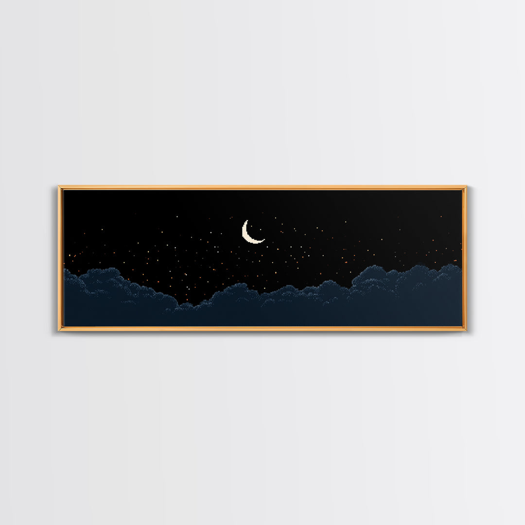 Crescent Moon Starry Night Clouds Wall Art, Pixel Landscape Print, Dark Blue Celestial Decor, Bedroom Office Poster Gift