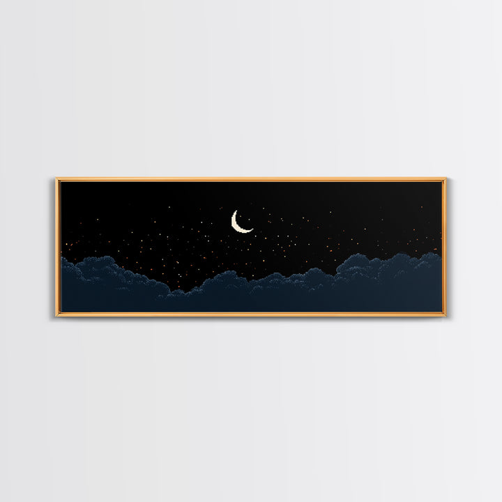 Crescent Moon Starry Night Clouds Wall Art, Pixel Landscape Print, Dark Blue Celestial Decor, Bedroom Office Poster Gift