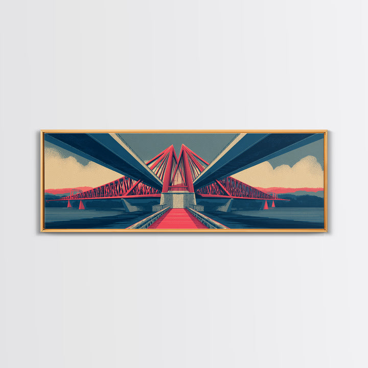 Red Suspension Bridge At Sunset Canvas Print, Midcentury Modern Wall Decor, Architectural Landscape, Retro Travel Poster