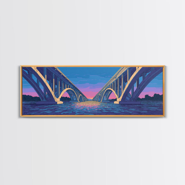 Blue Arch Bridge Sunset Wall Art, Panoramic River Cityscape Print, Modern Architectural Decor, Pink Purple Skyline Poster
