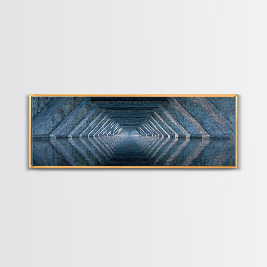 Concrete Underpass Reflections Framed Canvas Print, Geometric Bridge Wall Art, Blue Industrial Decor, Minimalist Poster Print