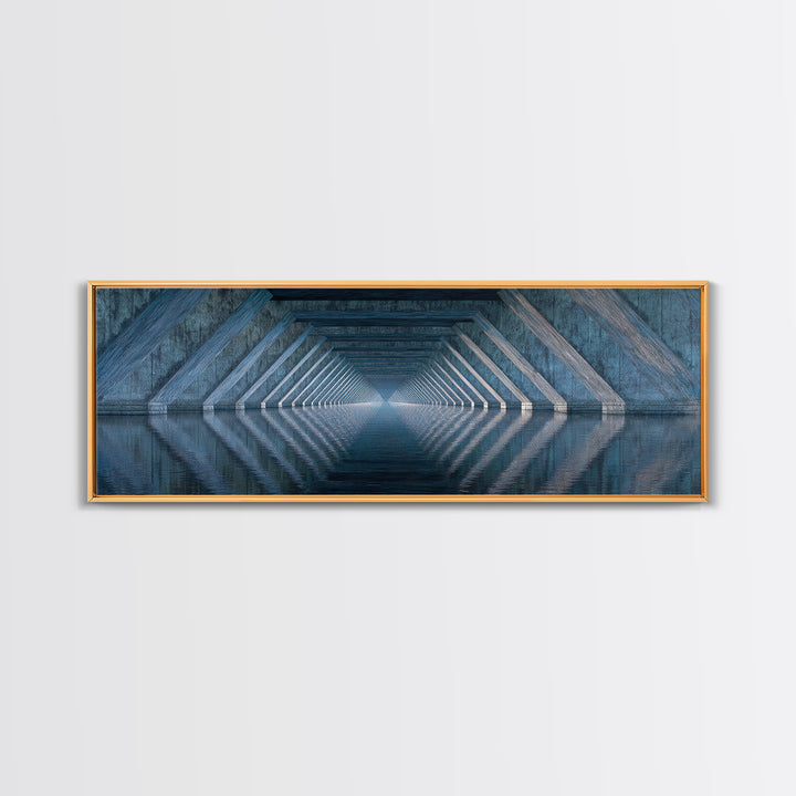 Concrete Underpass Reflections Framed Canvas Print, Geometric Bridge Wall Art, Blue Industrial Decor, Minimalist Poster Print
