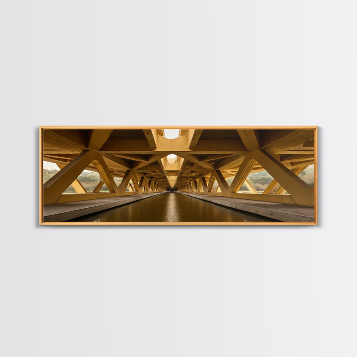 Golden Canal Under Bridge Canvas Print, Symmetrical Architecture Wall Art, Warm Industrial Decor, Modern Perspective Poster