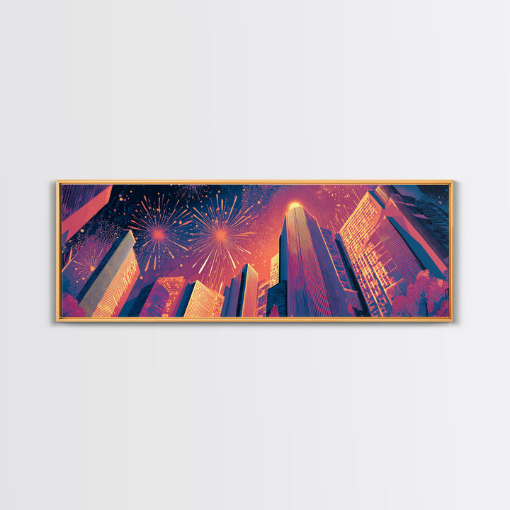 Fireworks Over Skyscrapers Canvas Print, Neon City Night Wall Art, Retro Futuristic Urban Decor, Bold Architecture Poster