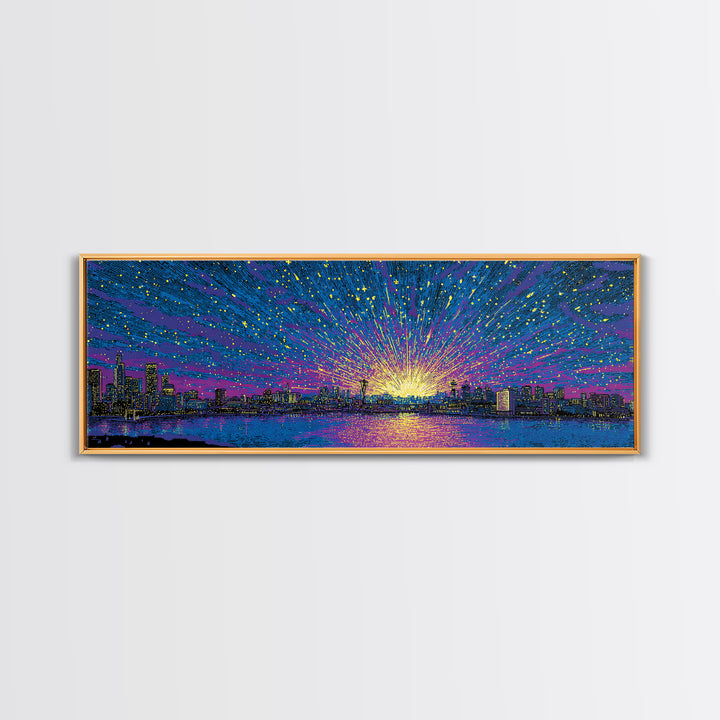 Cosmic Harbor Skyline Sunset Wall Art, Starburst Cityscape Print, Vibrant Blue Purple Decor, Modern Panoramic Poster Gift