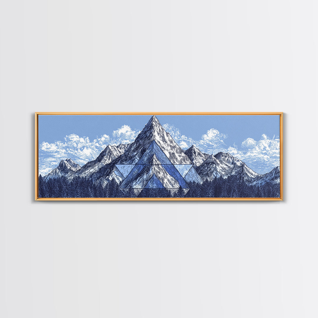Snowy Alpine Mountain Sketch Wall Art, Blue White Landscape Print, Modern Geometric Poster, Office And Living Room Decor