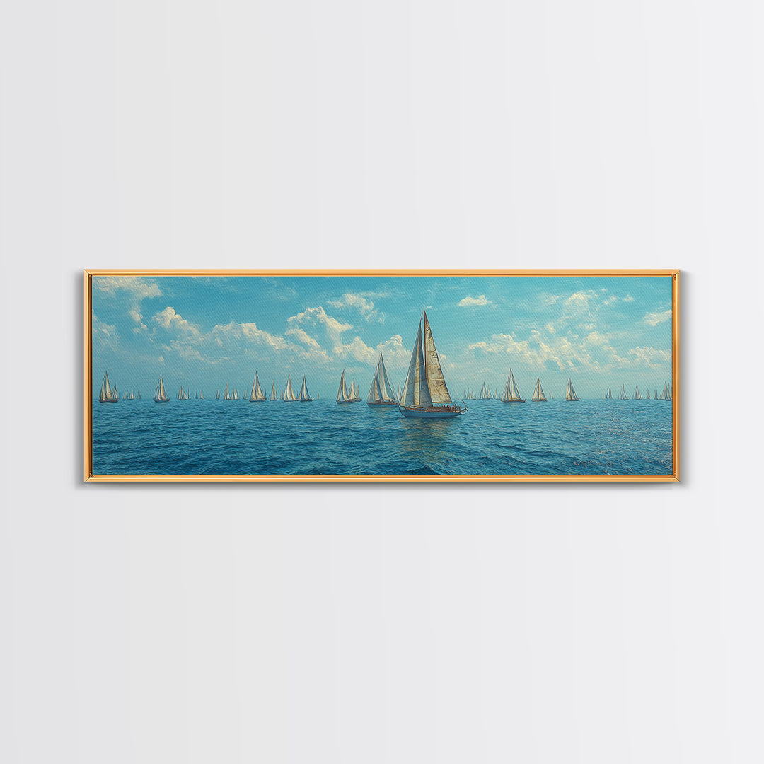 Impressionist Sailboat Fleet Canvas Print, Coastal Wall Art, Blue Ocean Landscape Poster, Nautical Decor For Living Room
