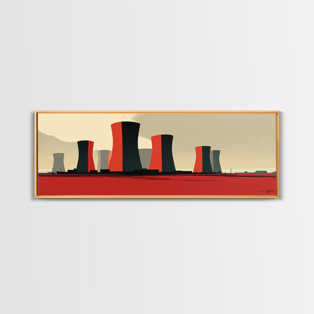 Minimal Cooling Towers On Red Plain Canvas Print, Midcentury Modern Industrial Landscape, Atomic Power Plant Wall Decor Art