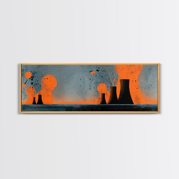 Orange Atomic Cooling Towers At Dusk Wall Art, Midcentury Modern Industrial Landscape, Retro Abstract Power Plant Decor Print