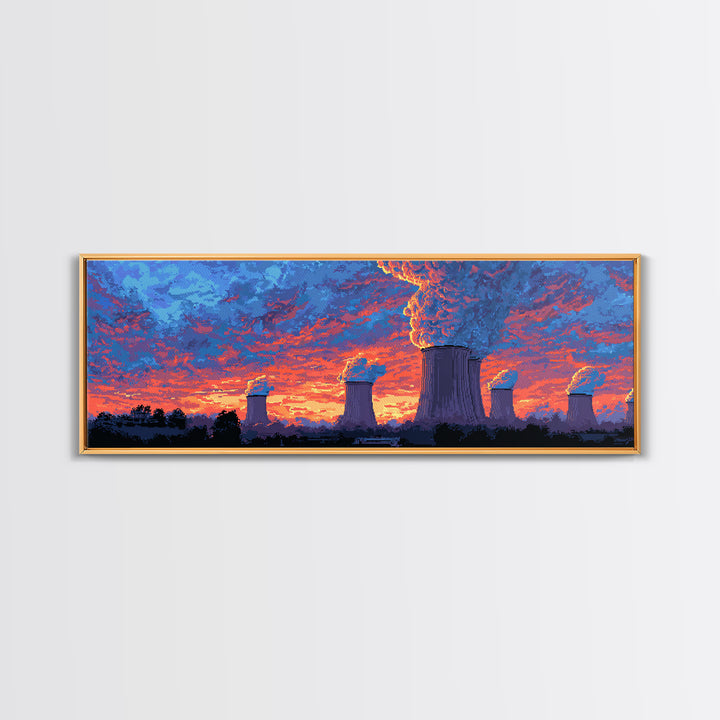Purple Cooling Towers Under Fiery Sunset Framed Canvas Print, Retro Industrial Wall Art, Colorful Modern Landscape Decor