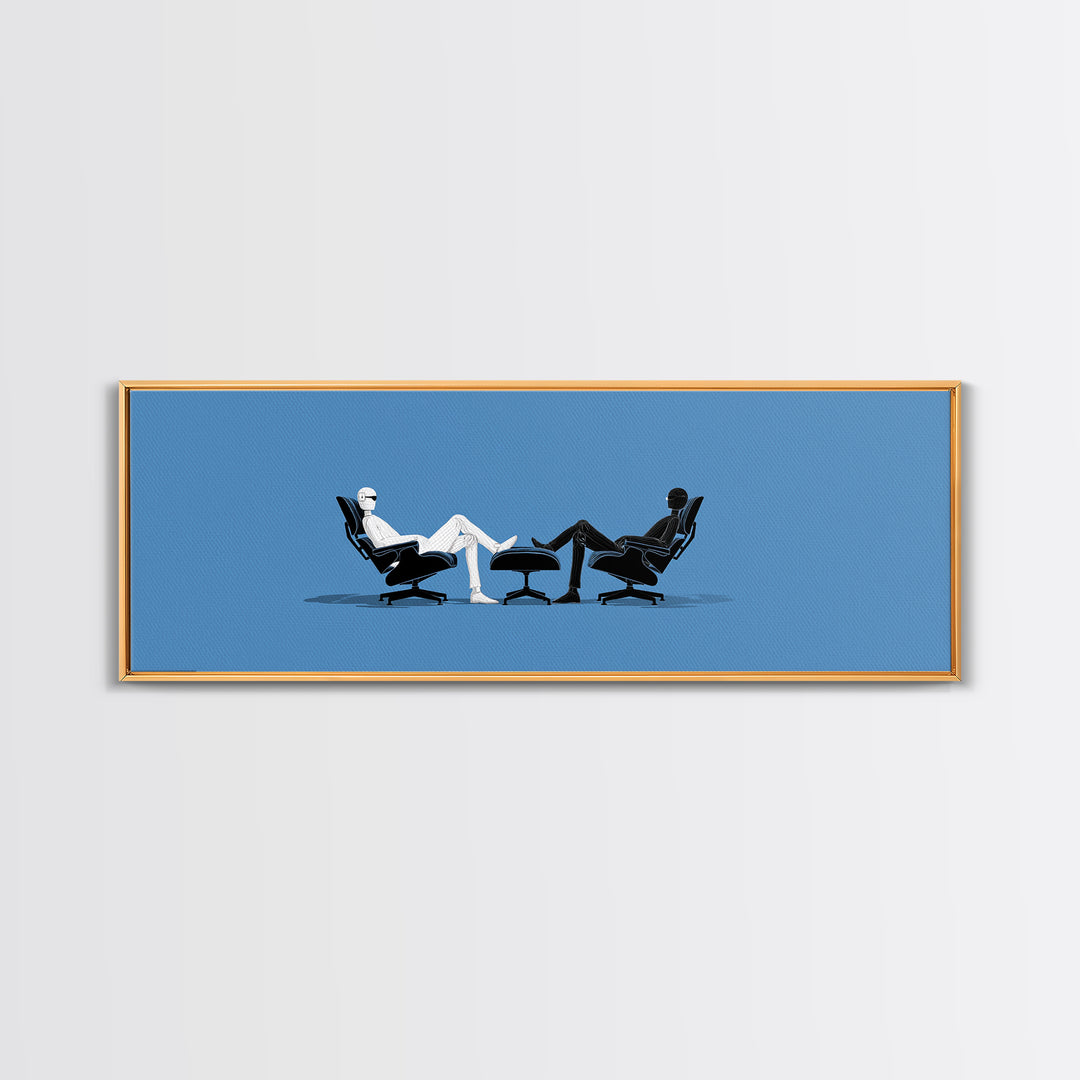 Two Minimal Figures In Lounge Chairs Wall Art, Midcentury Modern Therapy Office Decor, Blue Retro Abstract Art Print Poster