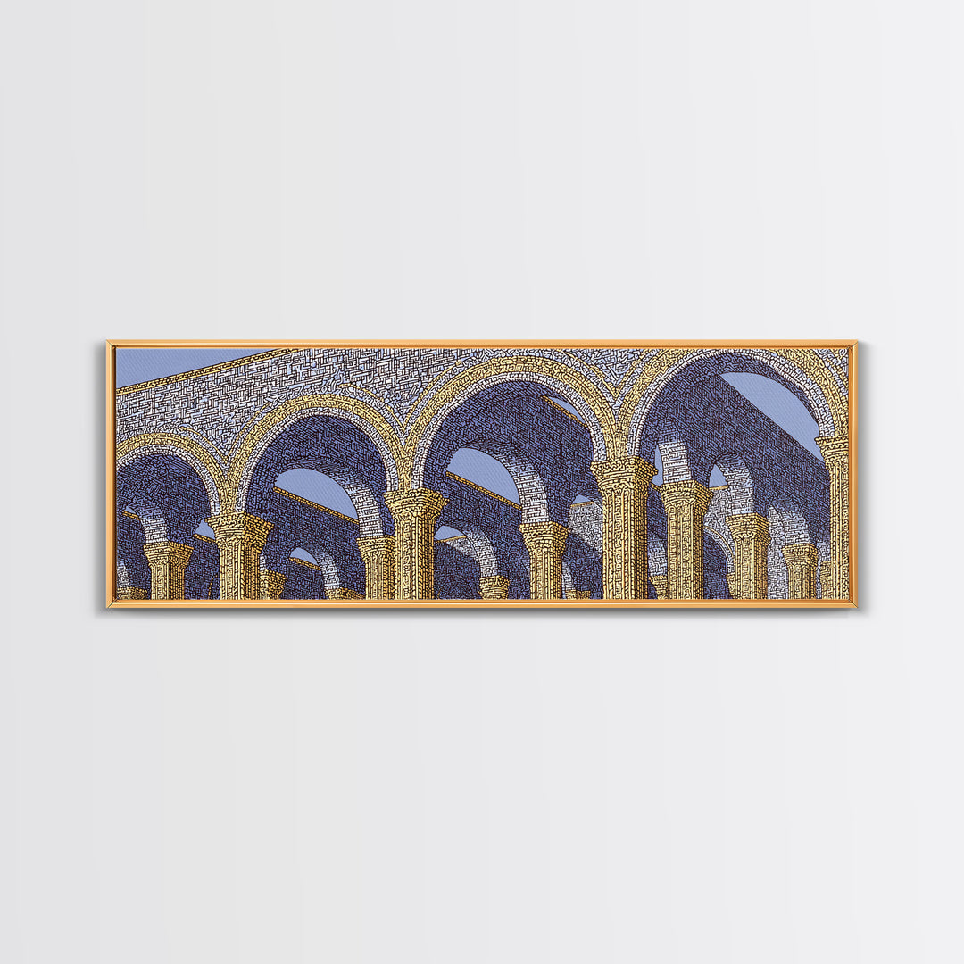 Golden Blue Moorish Arches Framed Canvas Print, Architectural Wall Art, Mediterranean Decor, Elegant Colonnade Poster Gift