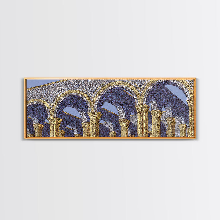 Golden Blue Moorish Arches Framed Canvas Print, Architectural Wall Art, Mediterranean Decor, Elegant Colonnade Poster Gift