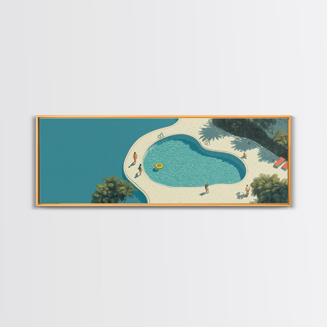 Aerial Turquoise Pool Beside Blue Water Canvas Print, Minimalist Wall Art, Midcentury Modern Decor, Coastal Resort Poster