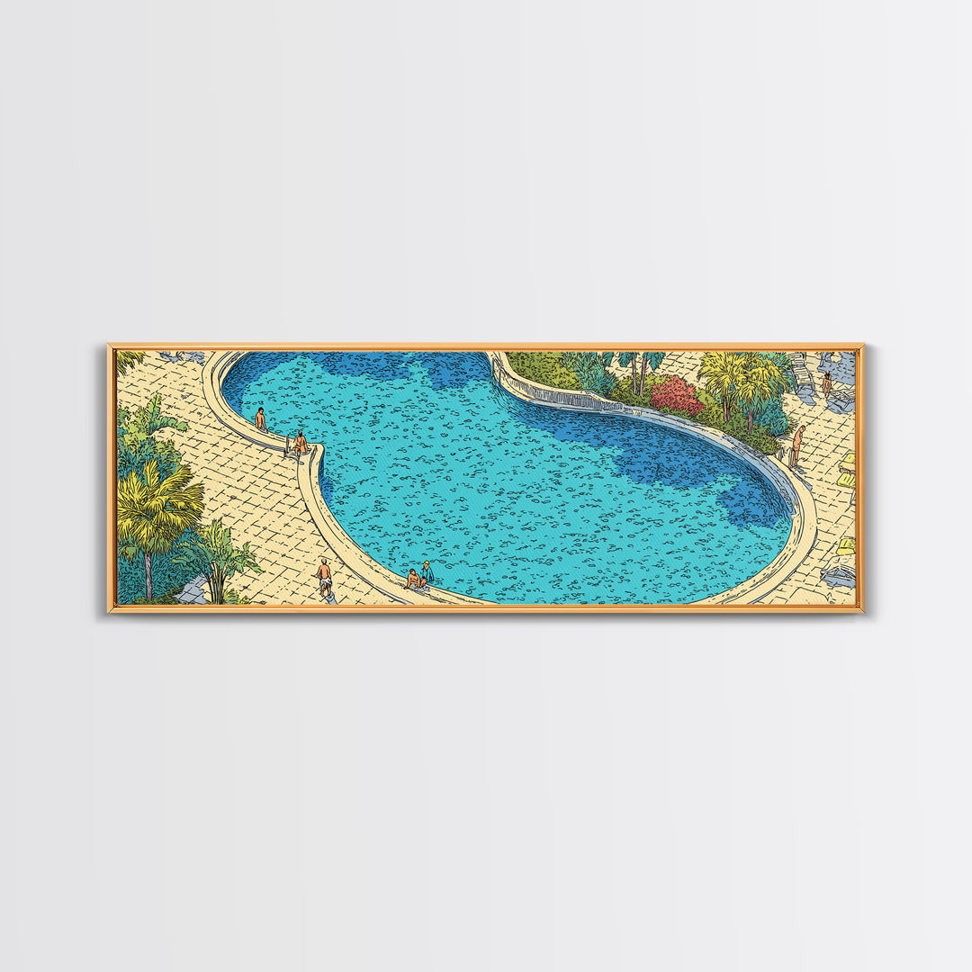 Bright Blue Resort Pool With Stone Terrace Wall Art, Midcentury Modern Print, Tropical Garden Decor, Large Canvas Poster