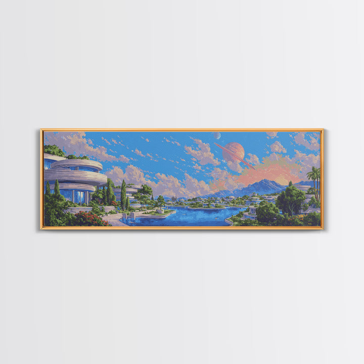 Futuristic Lakeside City With Planets Wall Art, Midcentury Modern Poster, Retro Sci Fi Decor, Scenic Landscape Canvas Print
