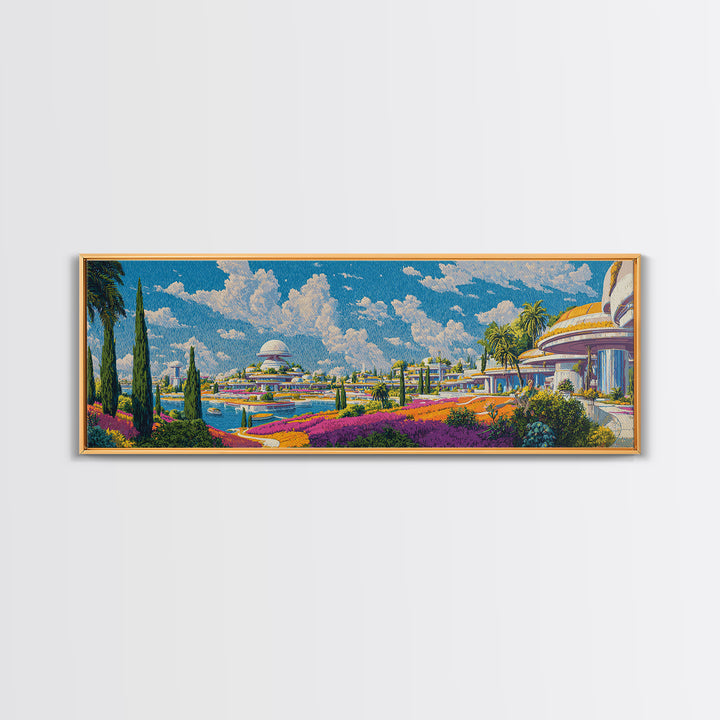 Utopian Waterfront Futurist City Wall Art, Mid Century Modern Travel Poster, Retro Modern Home Decor, Panoramic Canvas Print