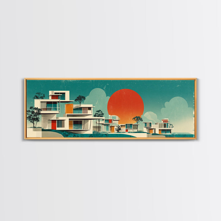 Modernist White Villas With Orange Sun Wall Art, Mid Century Modern Architecture, Palm Springs Decor, Teal Panoramic Print
