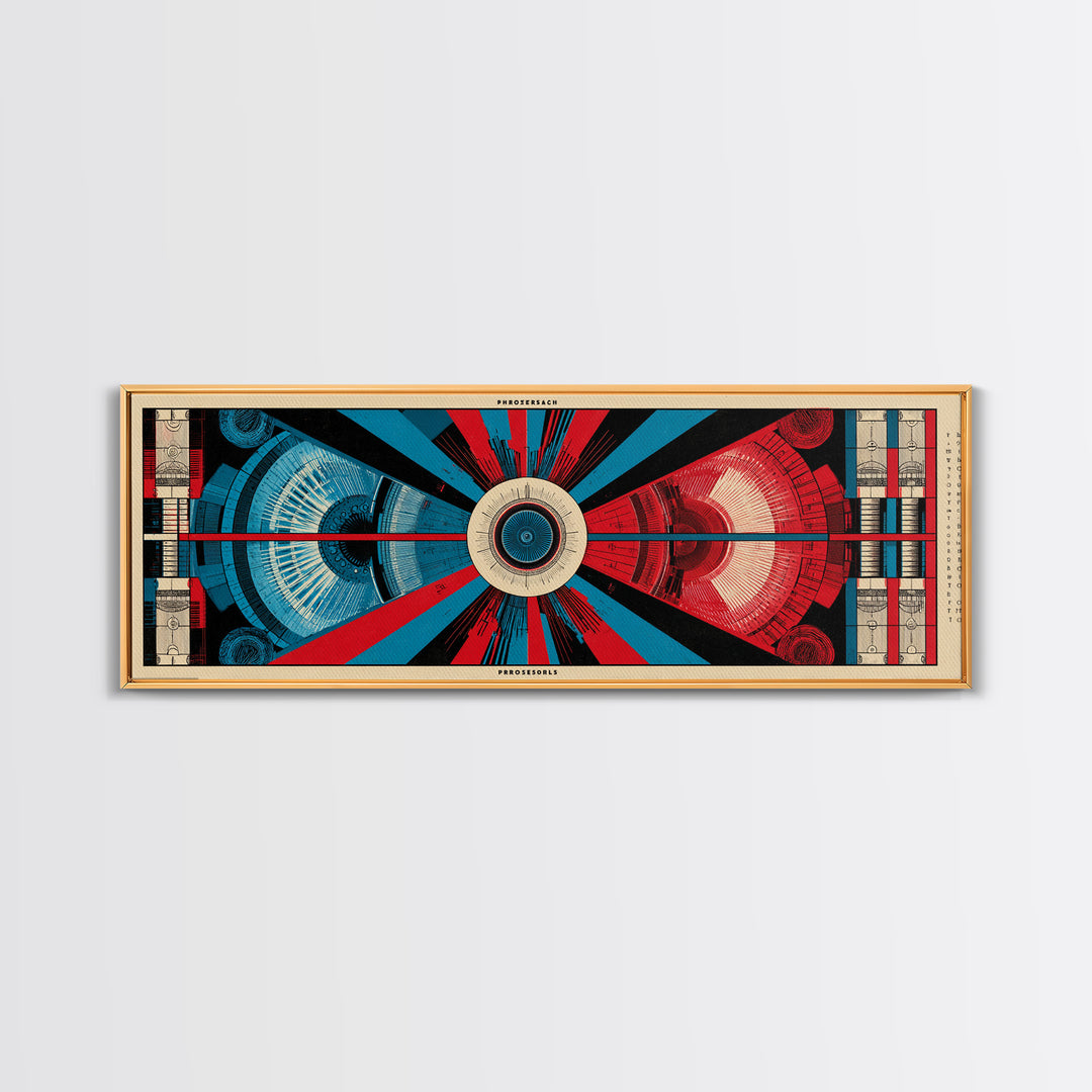 Red And Blue Technical Mandala Wall Art, Mid Century Abstract Geometric Poster, Atomic Modern Decor, Panoramic Canvas Print