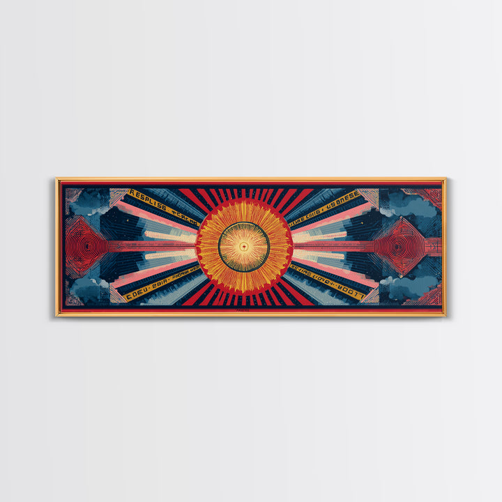 Cosmic Golden Sunburst Space Chart Wall Art, Mid Century Modern Abstract, Atomic Retro Poster, Blue Red Panoramic Canvas Print