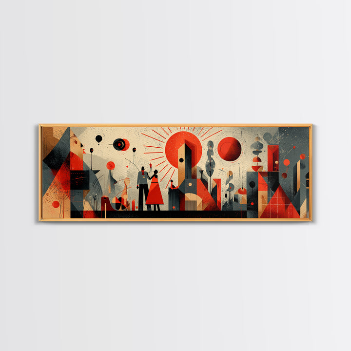 Geometric Red Sun City With Figures Wall Art, Mid Century Modern Abstract Poster, Bauhaus MCM Decor, Panoramic Canvas Print