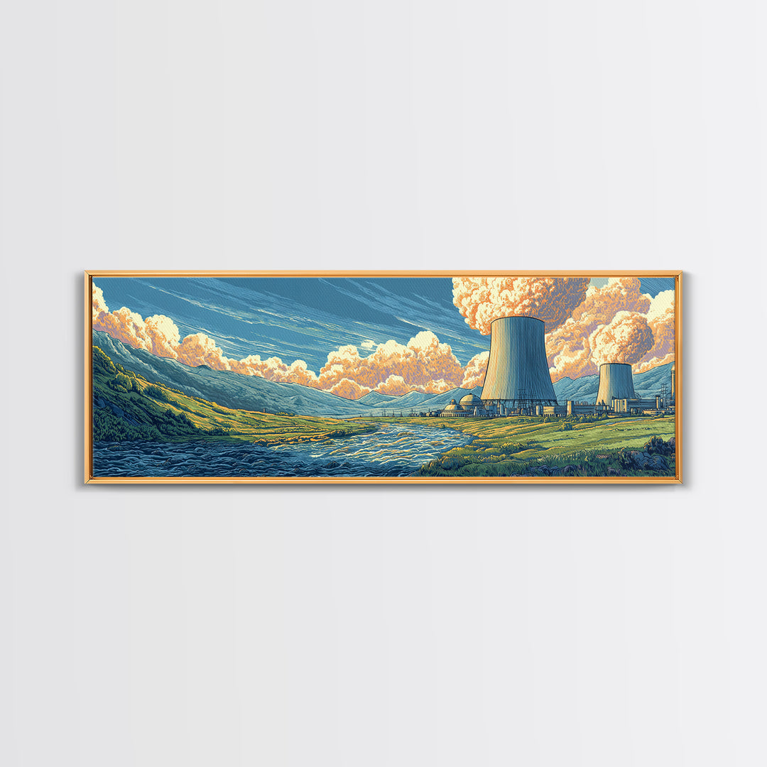 River Valley Nuclear Towers Framed Canvas Print, Scenic Retro Wall Art, Midcentury Modern Decor, Landscape Poster, Home Office Art