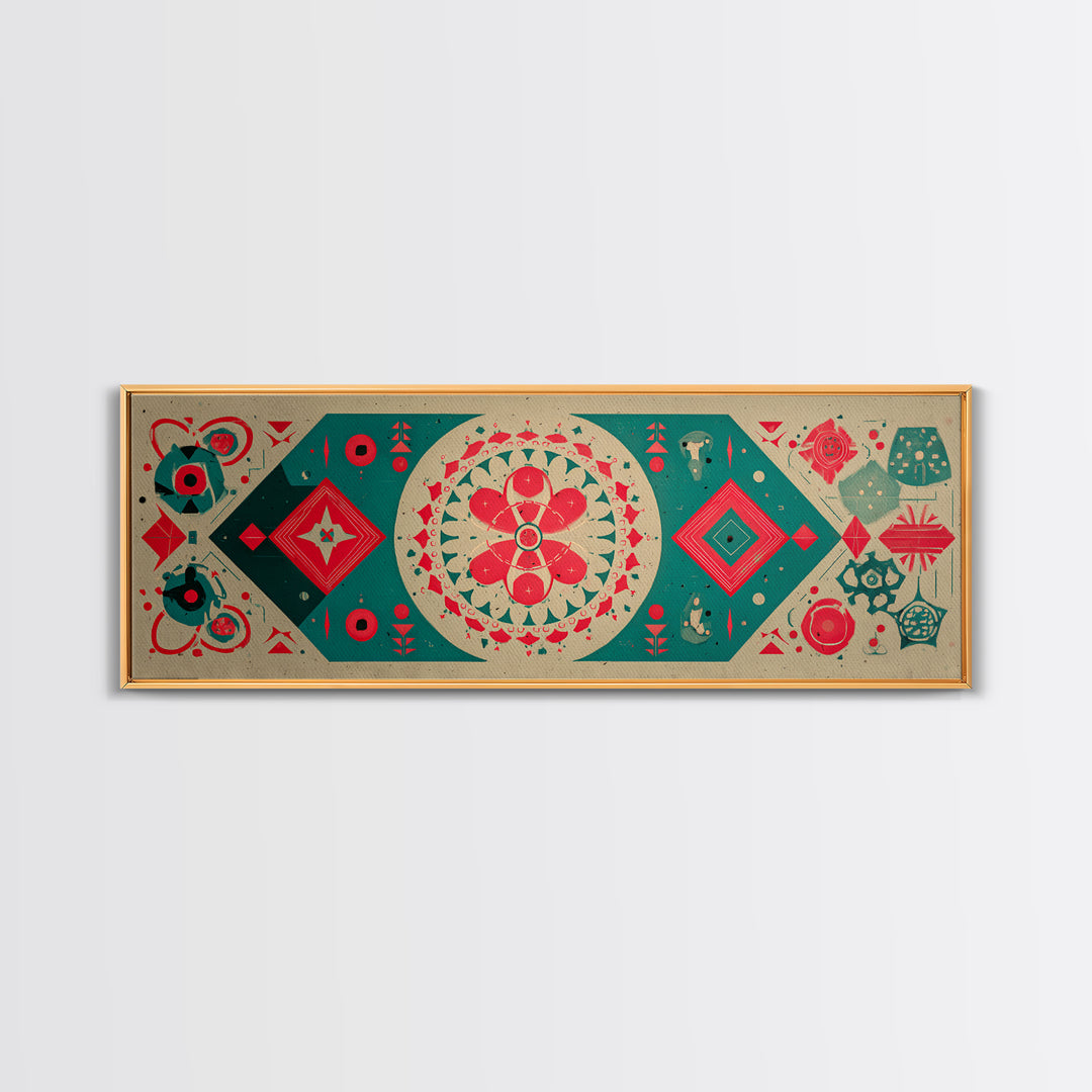 Red Green Mandala Flowers And Diamonds Canvas Print, Geometric Wall Art, Midcentury Modern Decor, Retro Pattern Poster, Home Decor
