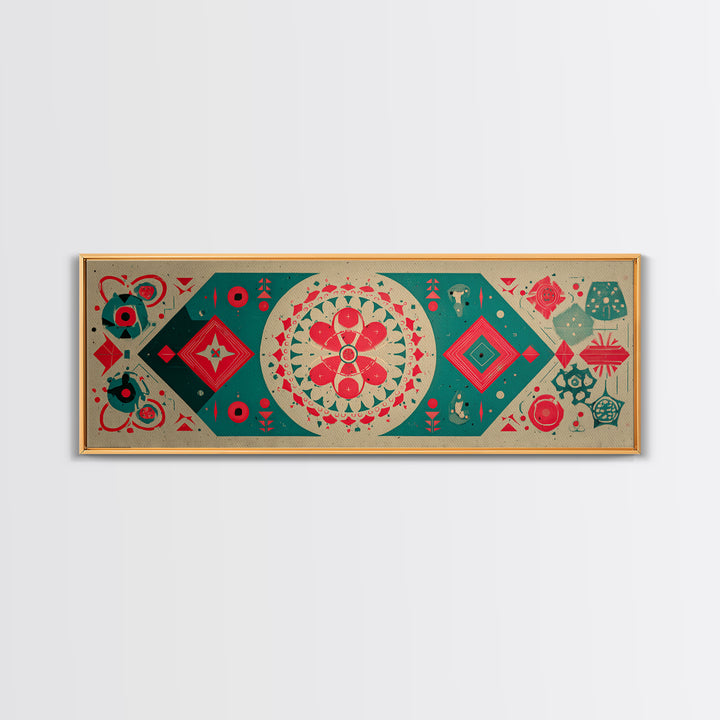Red Green Mandala Flowers And Diamonds Canvas Print, Geometric Wall Art, Midcentury Modern Decor, Retro Pattern Poster, Home Decor