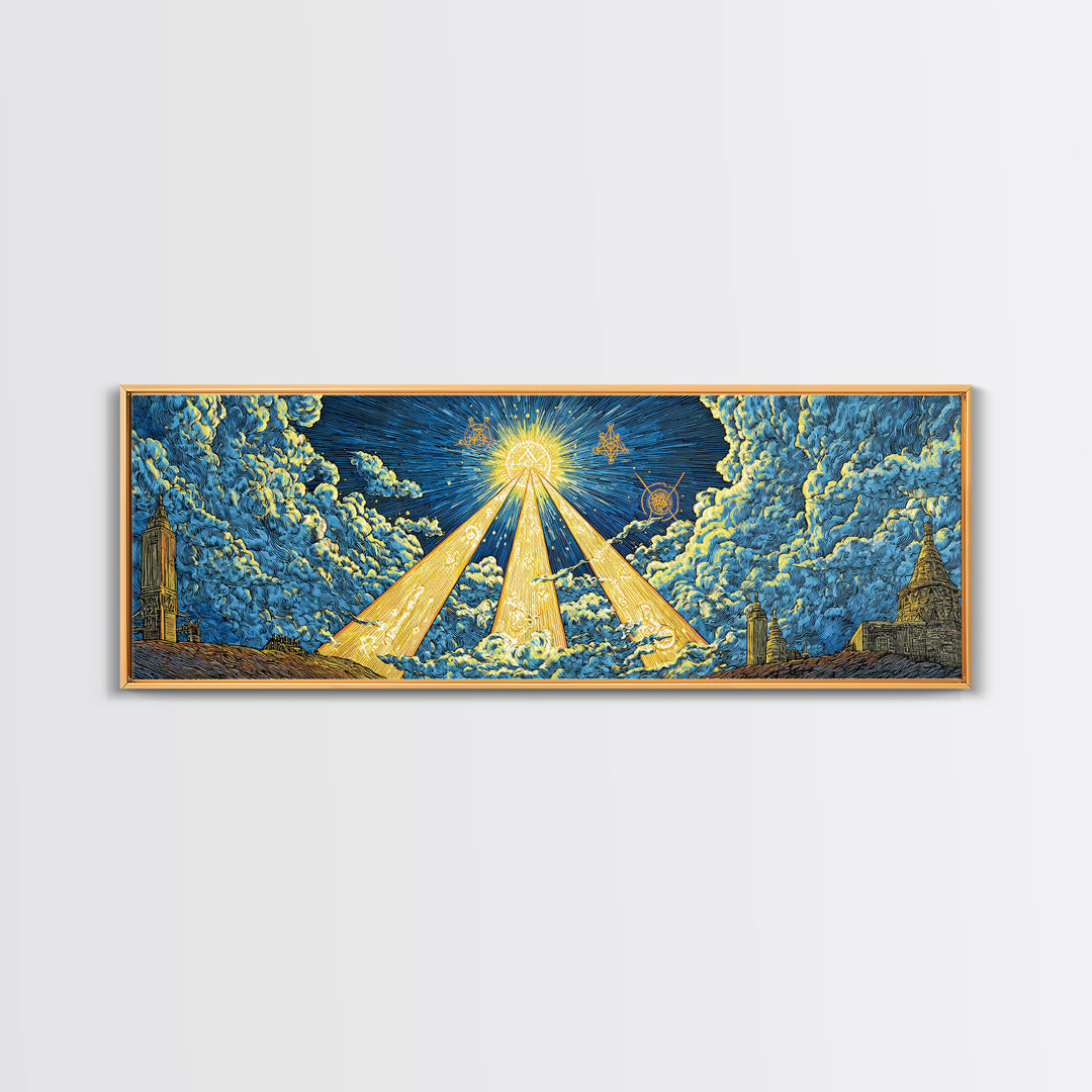 Golden Light Beams Through Clouds Framed Canvas Print, Spiritual Wall Art, Midcentury Modern Poster, Celestial Decor, Sci Fi Wall Decor