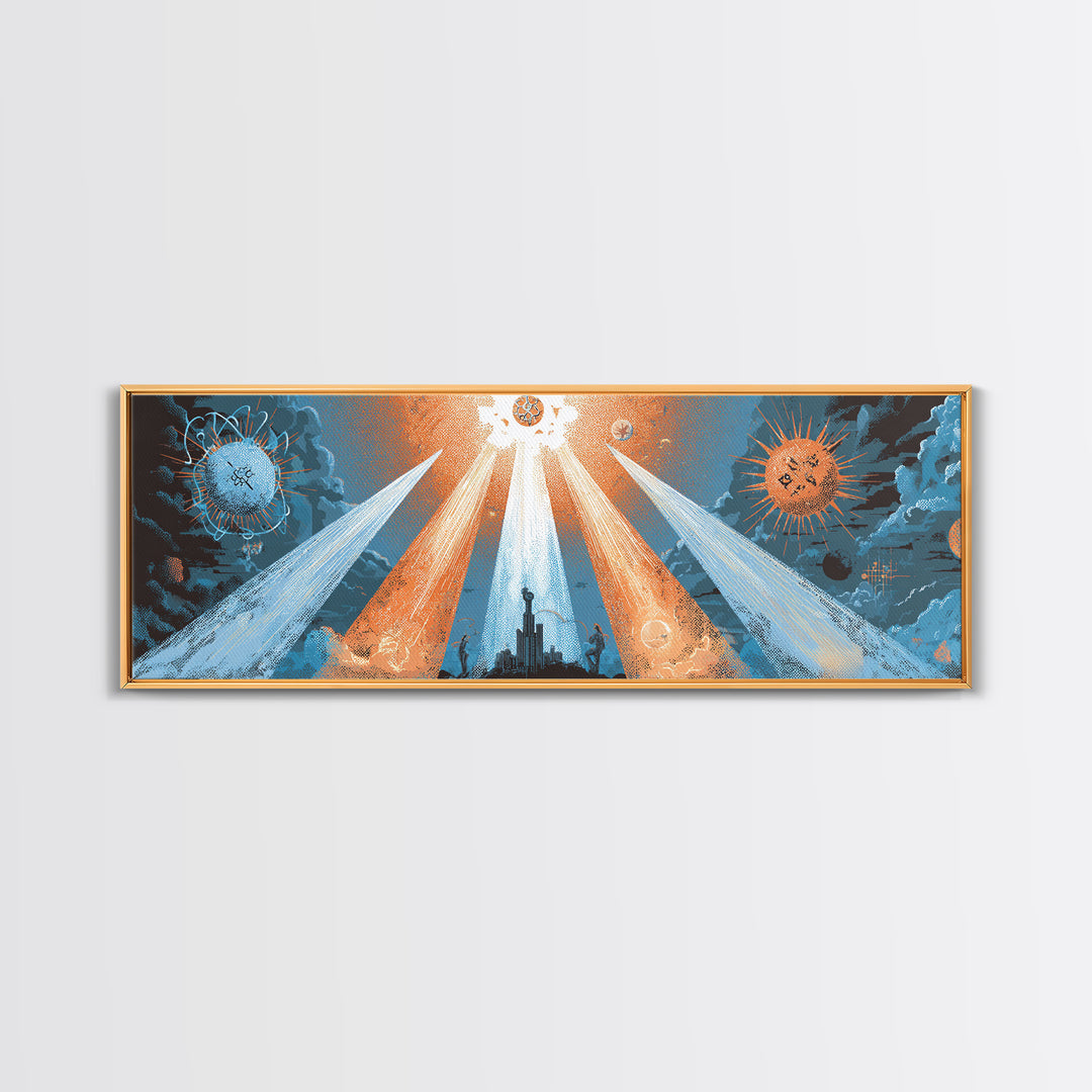 Planetary Spotlights Over Futuristic City Canvas Print, Space Abstract Art, Modern Wall Decor, Retro Sci Fi Poster, Home Office Art