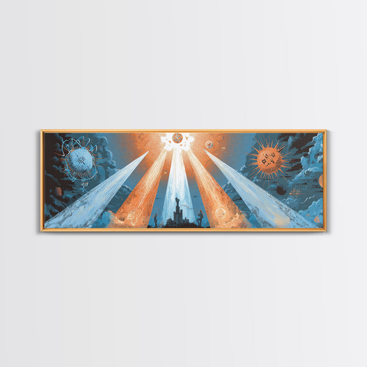 Planetary Spotlights Over Futuristic City Canvas Print, Space Abstract Art, Modern Wall Decor, Retro Sci Fi Poster, Home Office Art