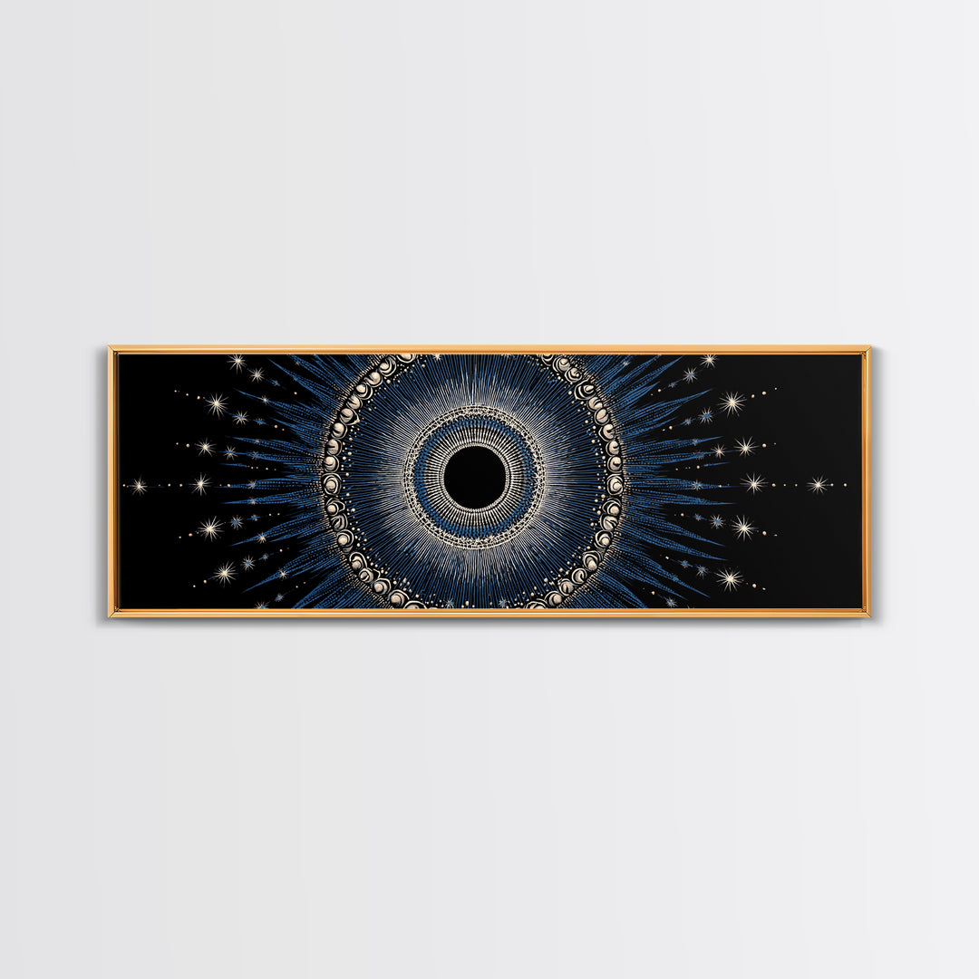 Blue Celestial Eclipse Wall Art, Art Deco Sunburst Mandala, Modern Abstract Print, Gothic Cosmic Framed Canvas Print Decor