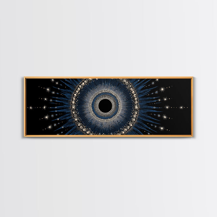 Blue Celestial Eclipse Wall Art, Art Deco Sunburst Mandala, Modern Abstract Print, Gothic Cosmic Framed Canvas Print Decor