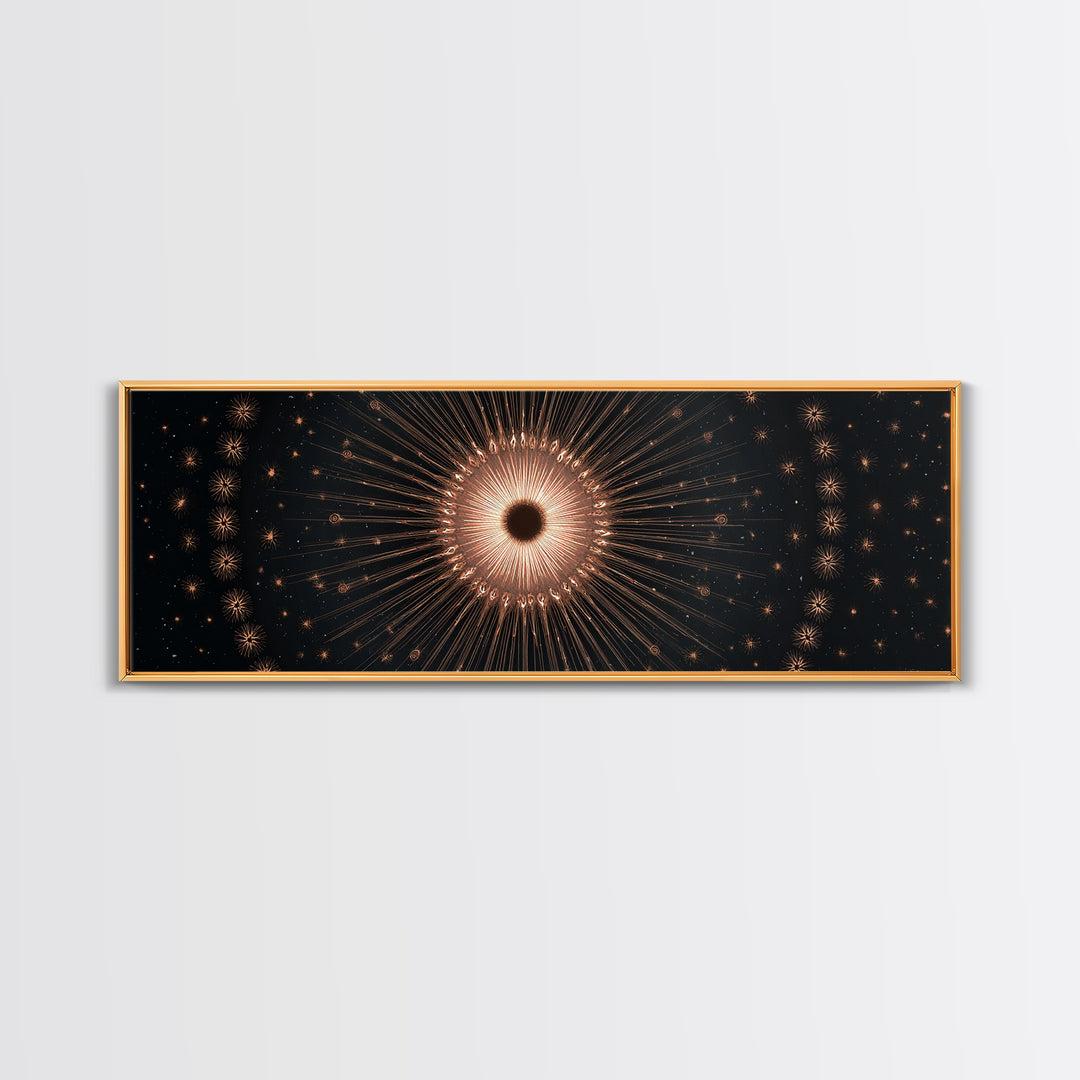 Copper Gold Eclipse Sunburst Wall Art, Modern Art Deco Canvas Print, Cosmic Celestial Decor, Black Gold Statement Print Gift