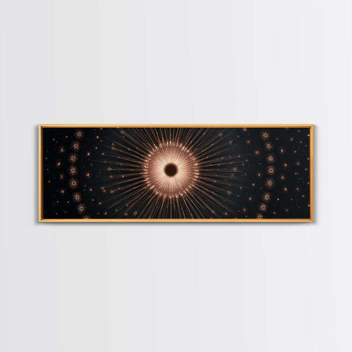 Copper Gold Eclipse Sunburst Wall Art, Modern Art Deco Canvas Print, Cosmic Celestial Decor, Black Gold Statement Print Gift