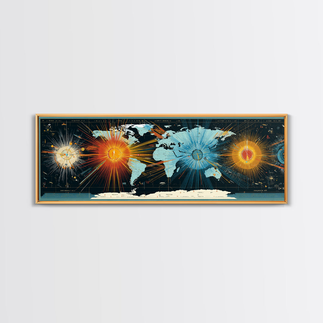 World Map Sunburst Network With Celestial Nodes, Canvas Print, Modern Wall Art, Geographic Abstract Poster For Office Decor