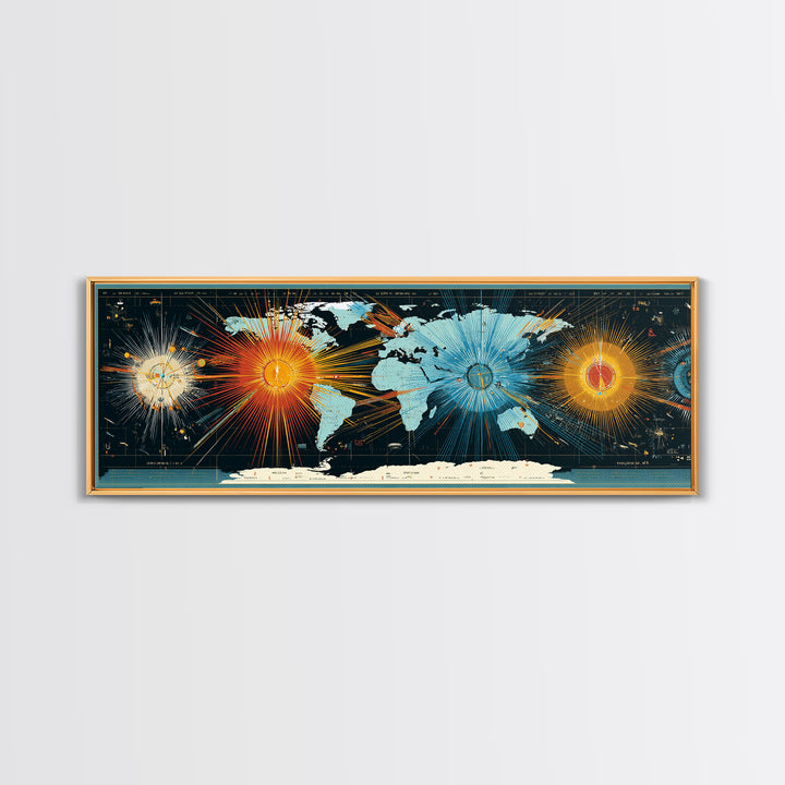 World Map Sunburst Network With Celestial Nodes, Canvas Print, Modern Wall Art, Geographic Abstract Poster For Office Decor