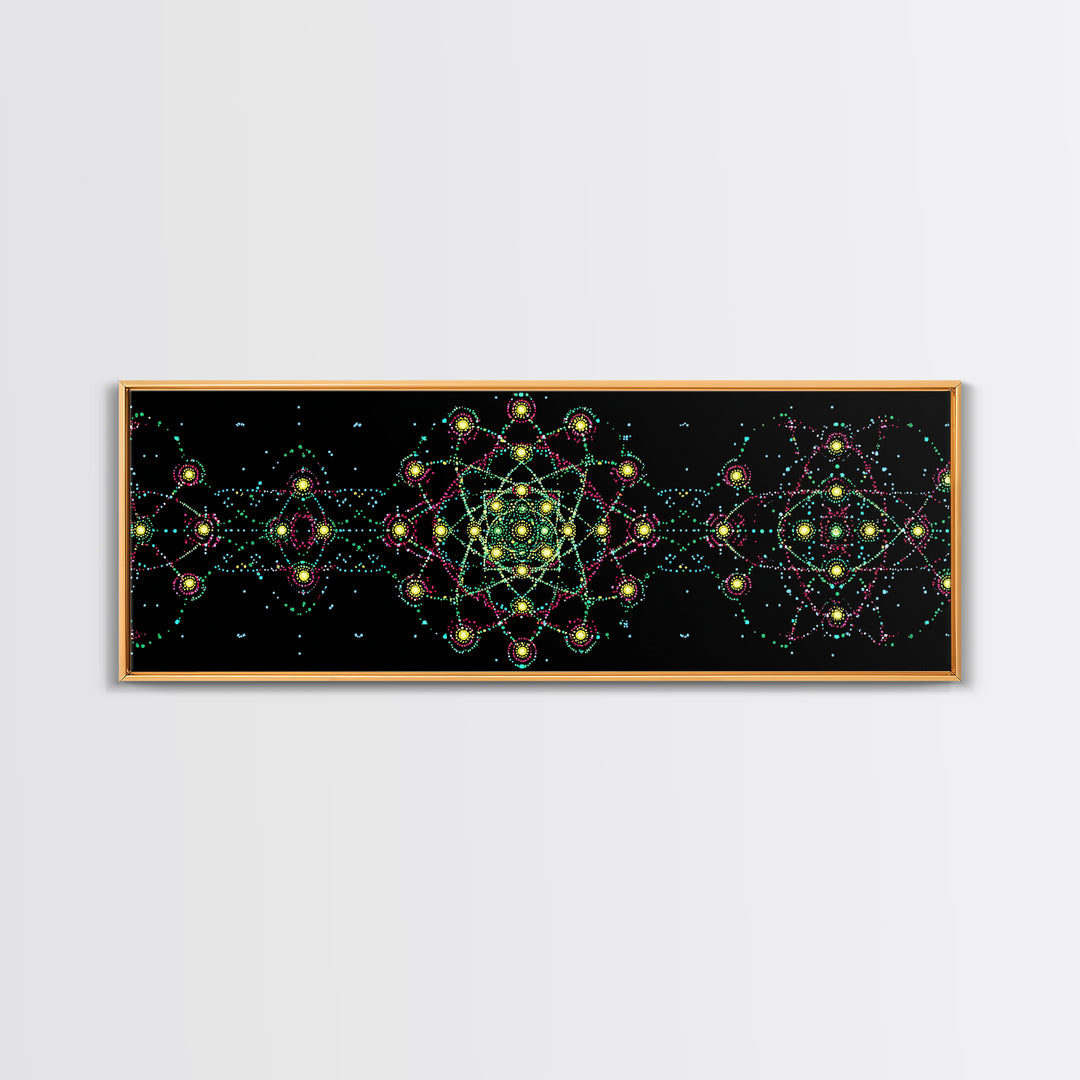 Neon Atomic Mandala Wall Art, Mid Century Modern Space Decor, Retro Science Poster, Psychedelic Geometric MCM Print, Black Wall Decor