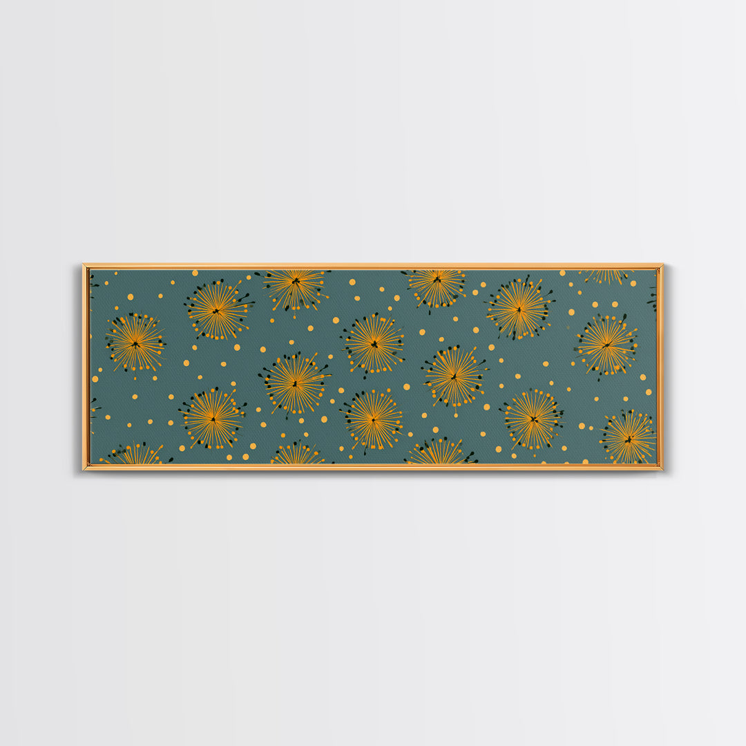 Yellow Starburst Floral Wall Art, Mid Century Modern Print, Retro Atomic Pattern Poster, Teal Kitchen Decor, MCM Art Print