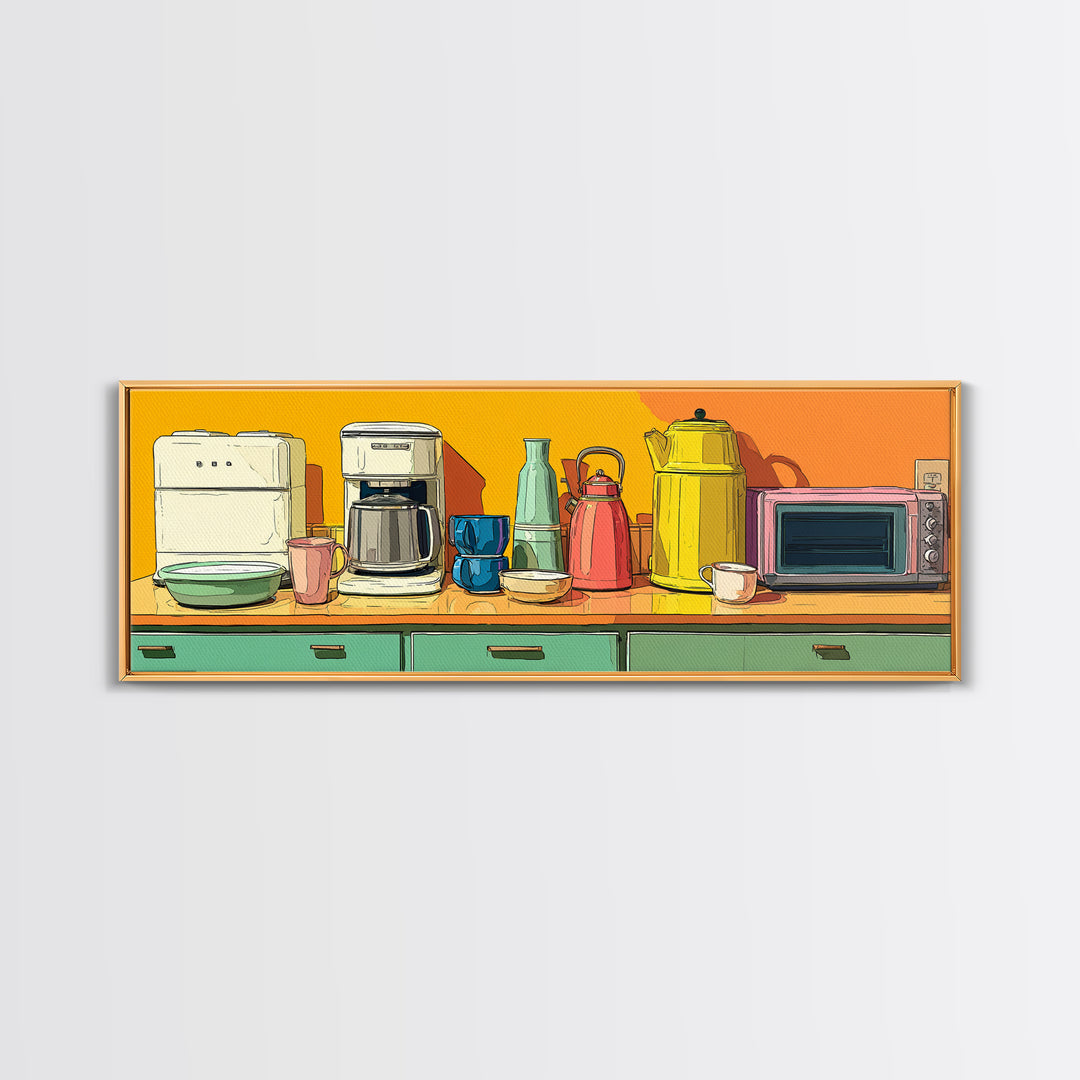 Orange Countertop Coffee Appliances Wall Art, Mid Century Modern Kitchen Print, Retro Toaster Kettle Decor, MCM Poster Print