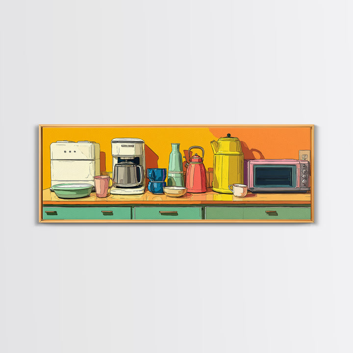 Orange Countertop Coffee Appliances Wall Art, Mid Century Modern Kitchen Print, Retro Toaster Kettle Decor, MCM Poster Print