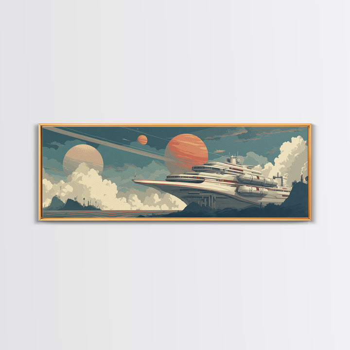 Futuristic Space Cruise Ship Canvas Print, Retro Sci Fi Wall Art, Planet Travel Poster, Modern Home Decor For Office Room