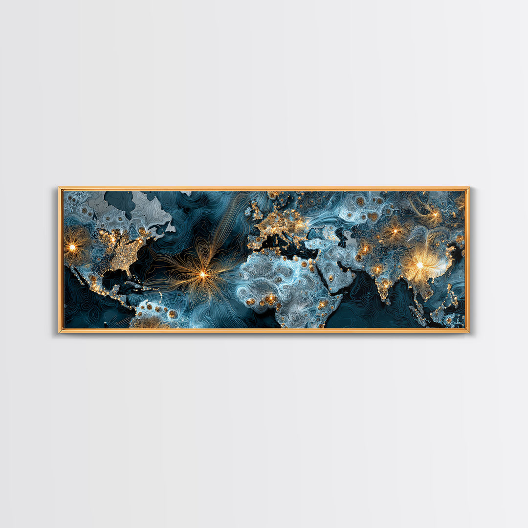 Blue Topographic World Map With Golden City Lights, Canvas Print, Modern Wall Art, Global Abstract Office Decor Poster Print