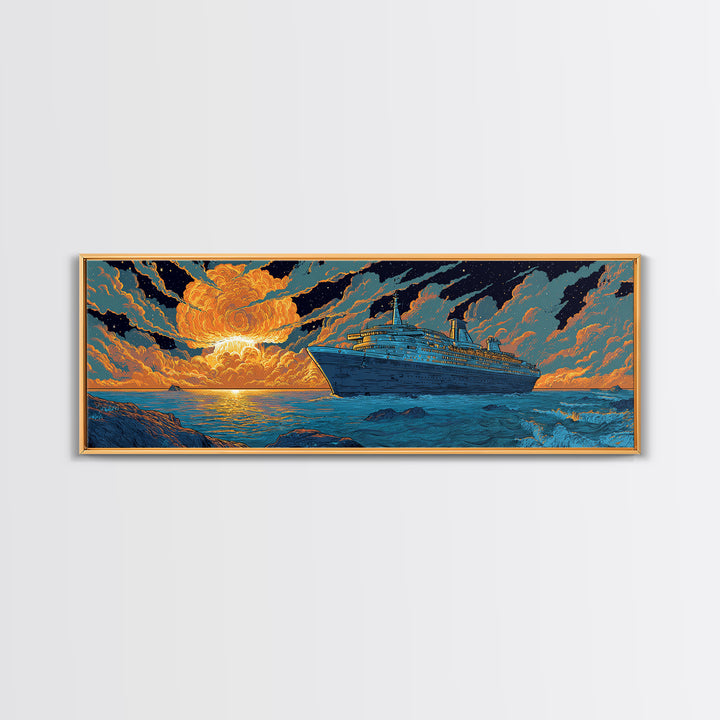 Dramatic Cruise Ship At Sunset Wall Art, Retro Ocean Travel Poster, Sci Fi Seascape Decor, Large Canvas Print Gift For Living Room